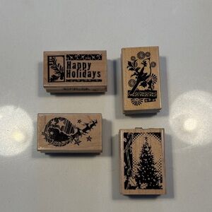 Lot of 4 Rubber Holiday Stamp Set with Wood Base